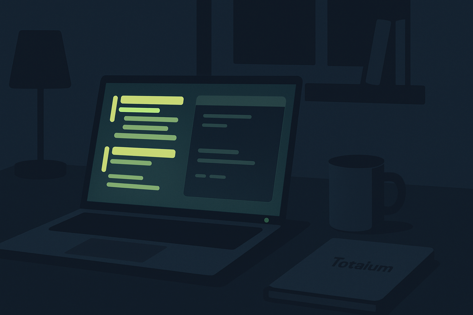 Flat illustration of a developer's laptop on a dim navy desk at night, the screen glowing soft lime green with a pull-request diff and terminal output, a small green LED indicating a remote agent is running