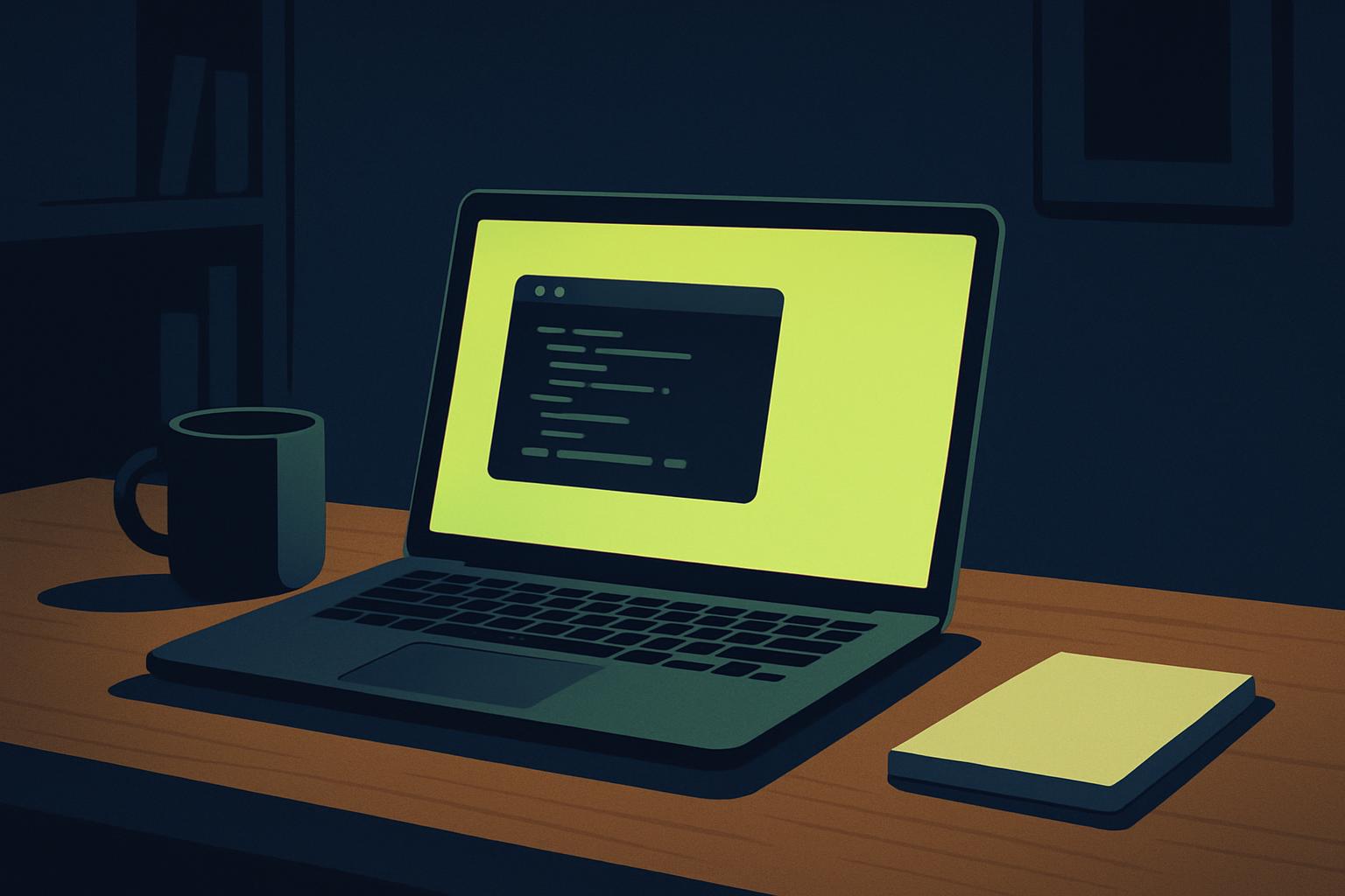 A developer laptop on a wooden desk in a dim home office at night, deep navy background and lime green screen glow, polished minimalist editorial style.