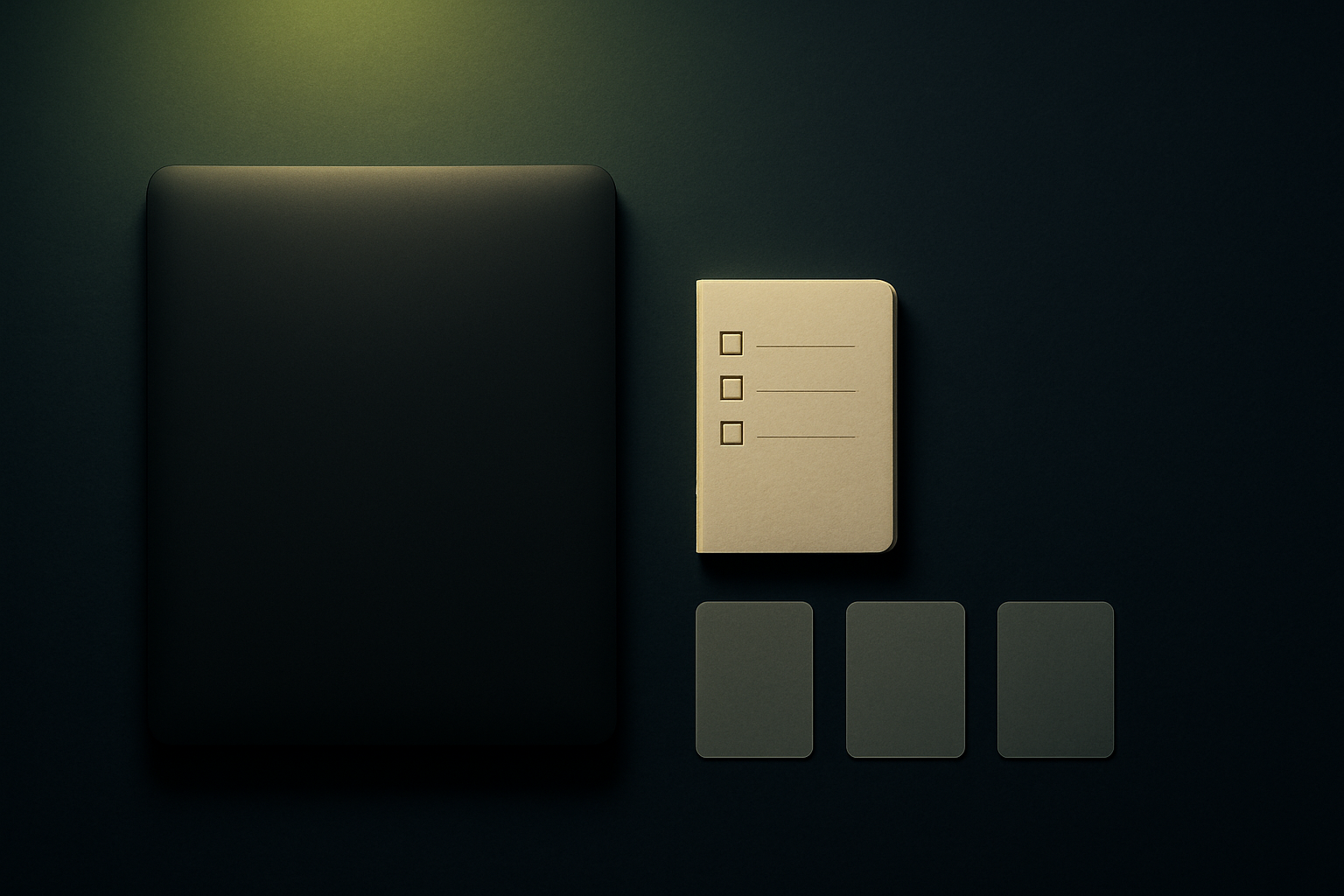 Dark navy desk softly lit by a lime-green glow, with a closed laptop, a notebook holding a weekend checklist, and three frosted-glass cards in a row.