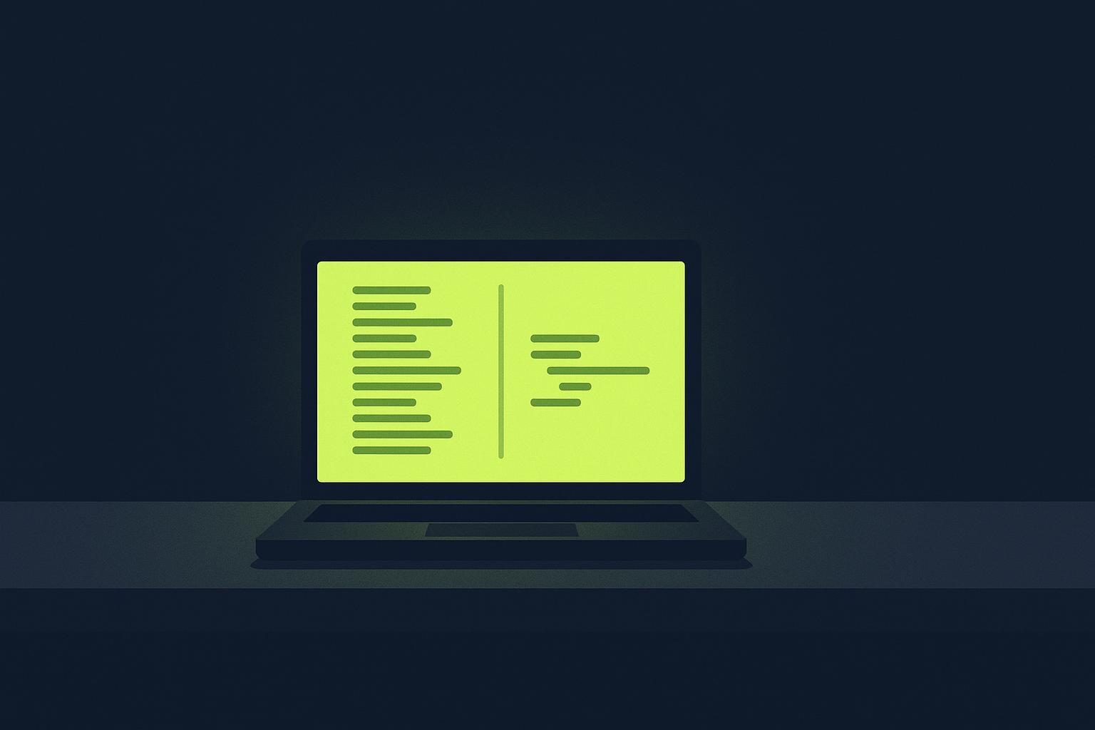 Minimalist illustration of a laptop showing a code diff with many generated lines and few merged lines, navy background, lime green accent