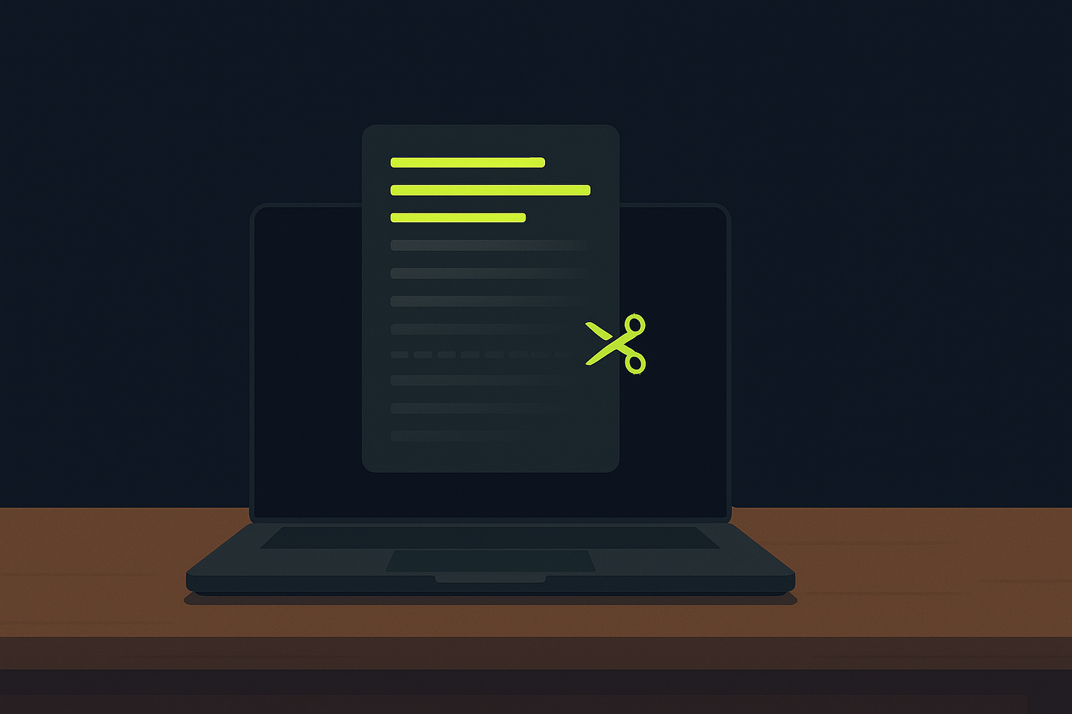 Flat illustration of a laptop in a dim room showing a long config file being trimmed down to a few lines, deep navy background with a lime green accent
