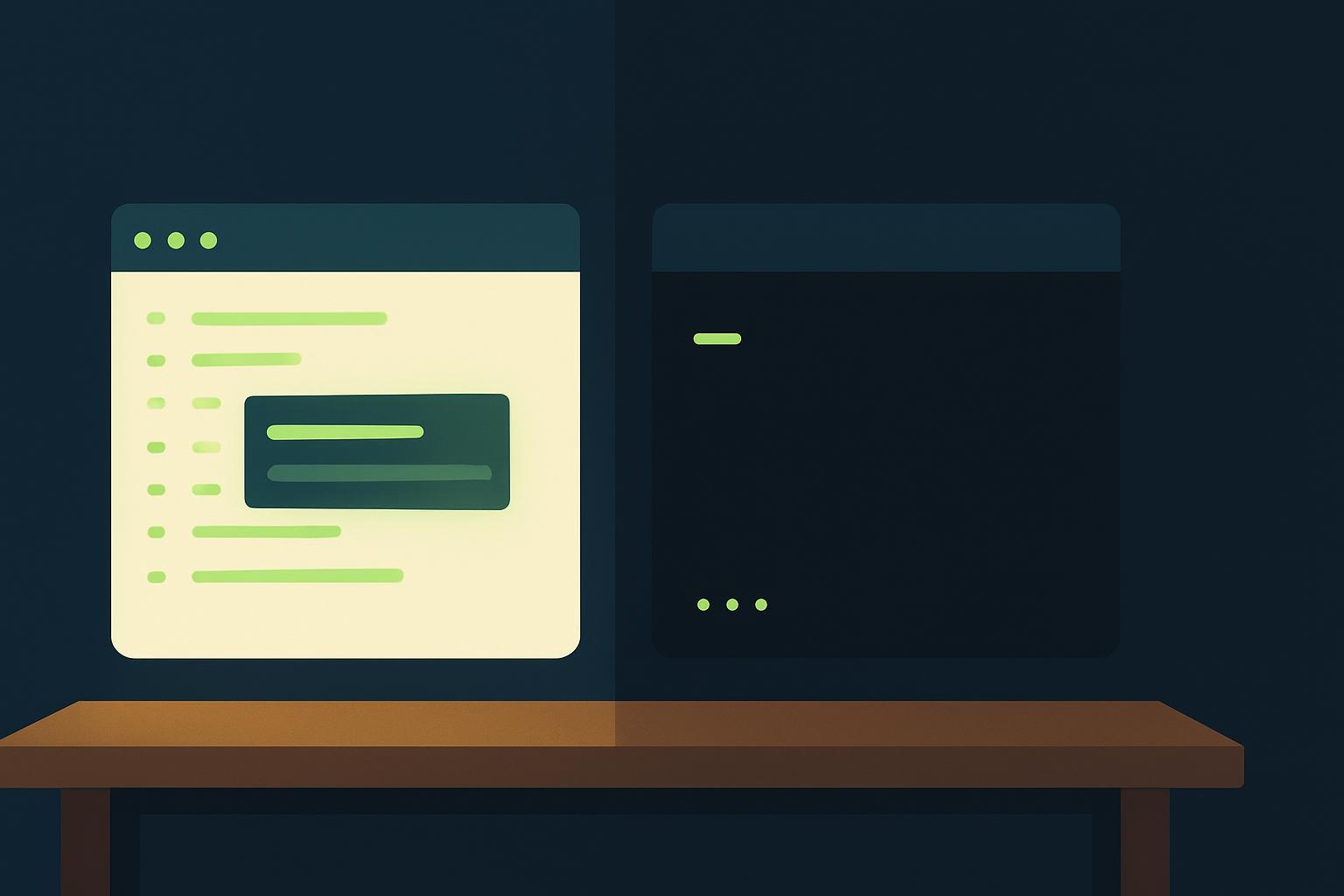 Split-screen illustration of a code editor pane beside a terminal pane, deep navy background with lime-green screen glow