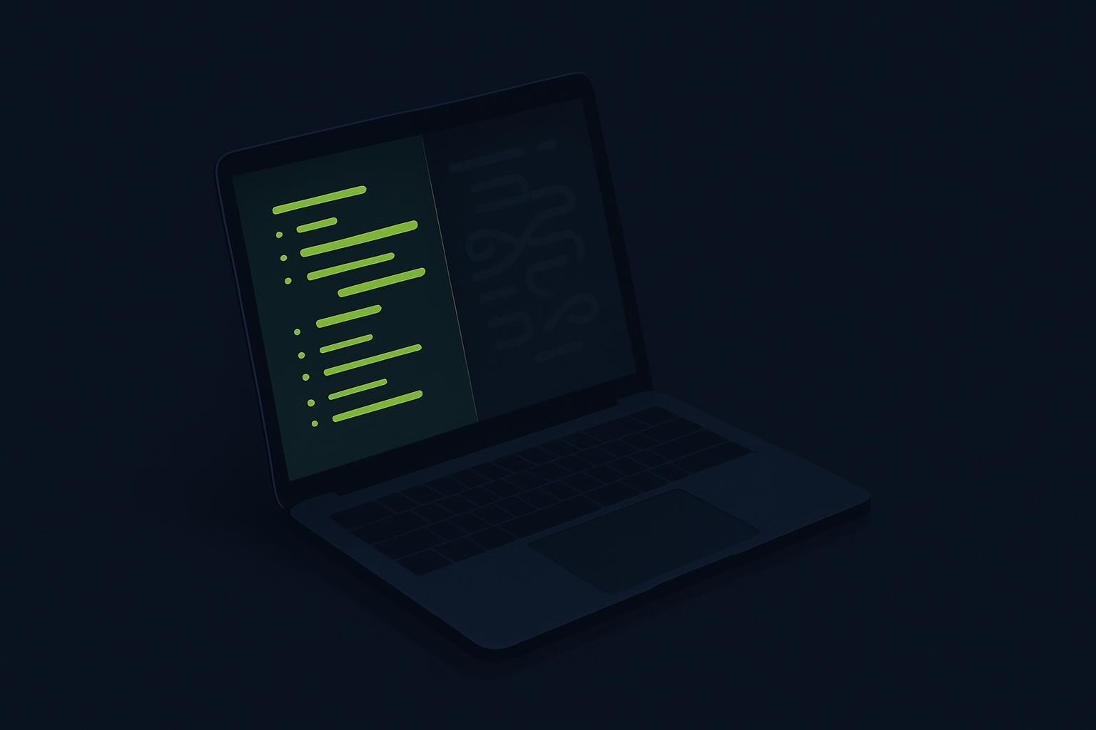 Minimalist illustration of code fading from sharp to tangled on a laptop screen, deep navy with a lime green accent.