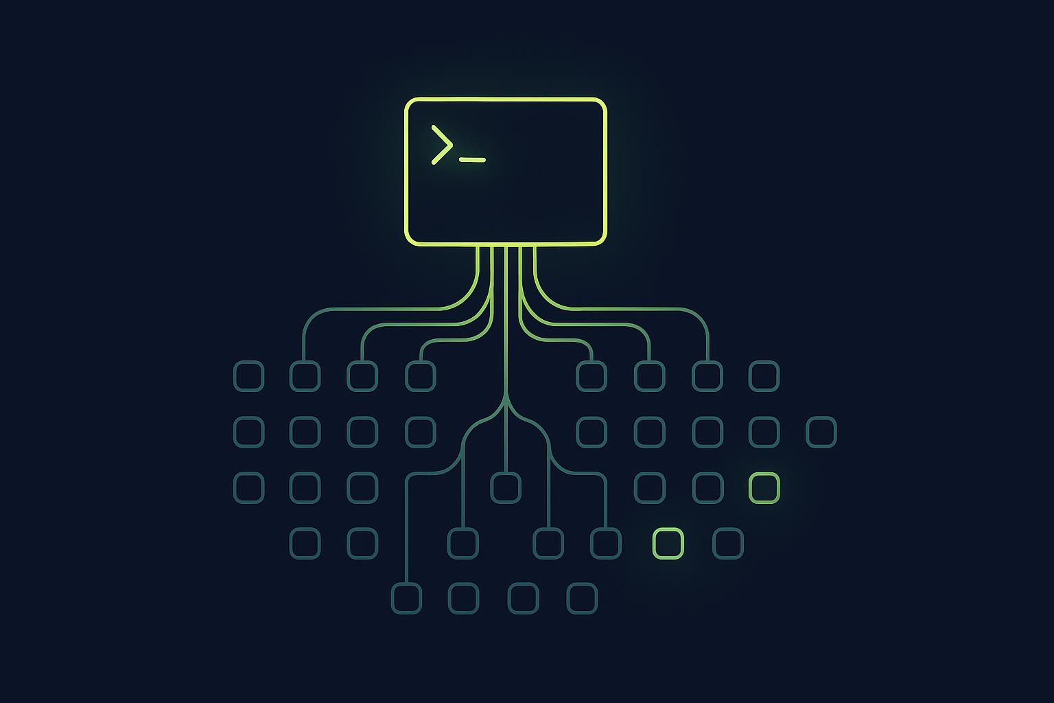Minimalist illustration of one terminal window fanning parallel agent nodes out across a dark navy background, DevMoment style.