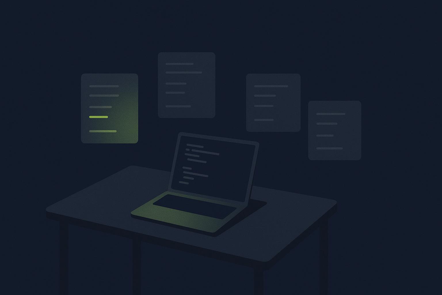Minimalist DevMoment illustration of one laptop terminal beside several small AI coding agent panels working in parallel, deep navy background with a single lime accent.