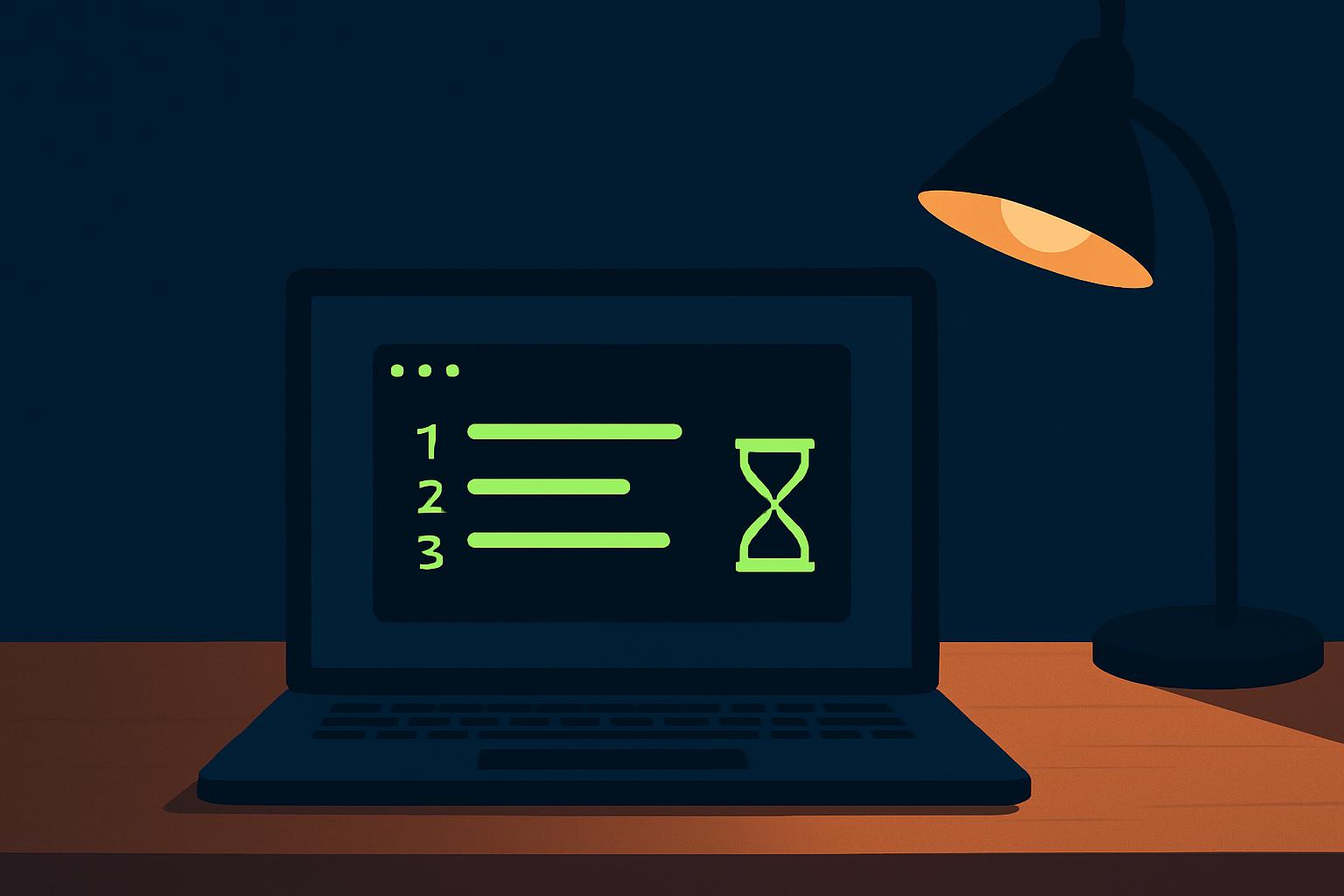 A laptop in a dim navy room showing a short plan on a terminal in lime green, with a small pause icon beside it