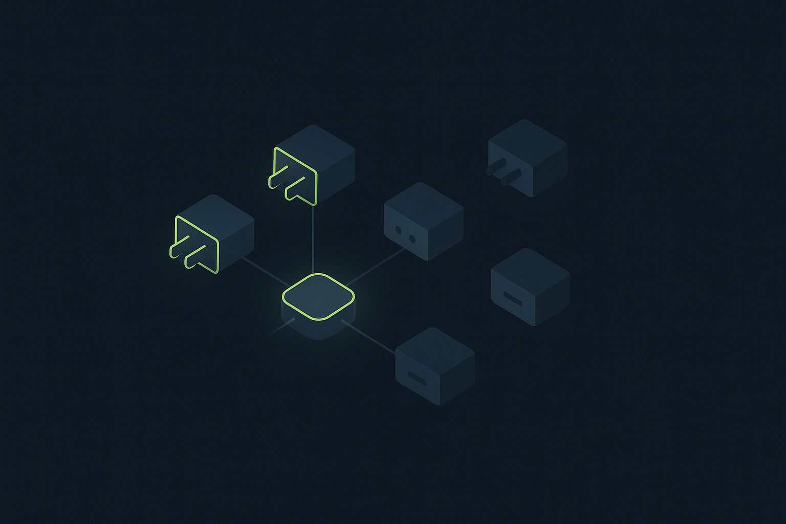 Minimalist navy illustration of a central hub with four glowing lime-green connector blocks plugged in and three dimmed, unplugged blocks set aside, representing a curated short set of MCP servers.