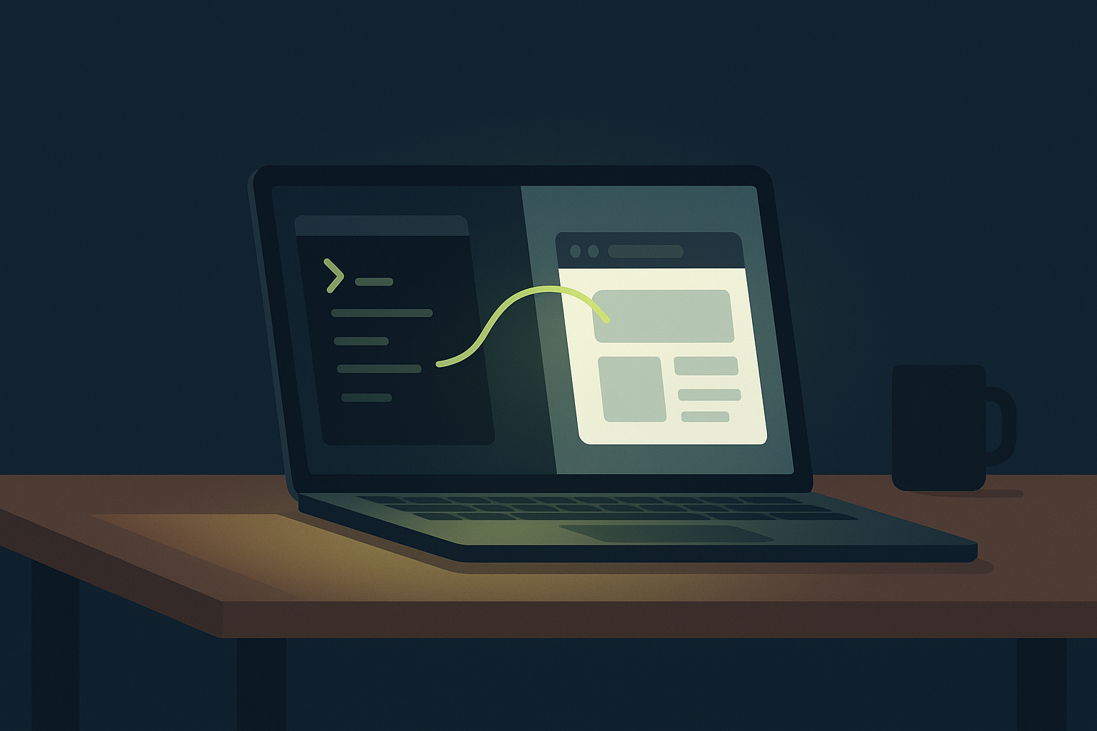 Flat minimalist illustration of a laptop in a dim navy room, its screen split between a code terminal and a browser window joined by a glowing lime-green connector line, representing Claude Code driving a browser.