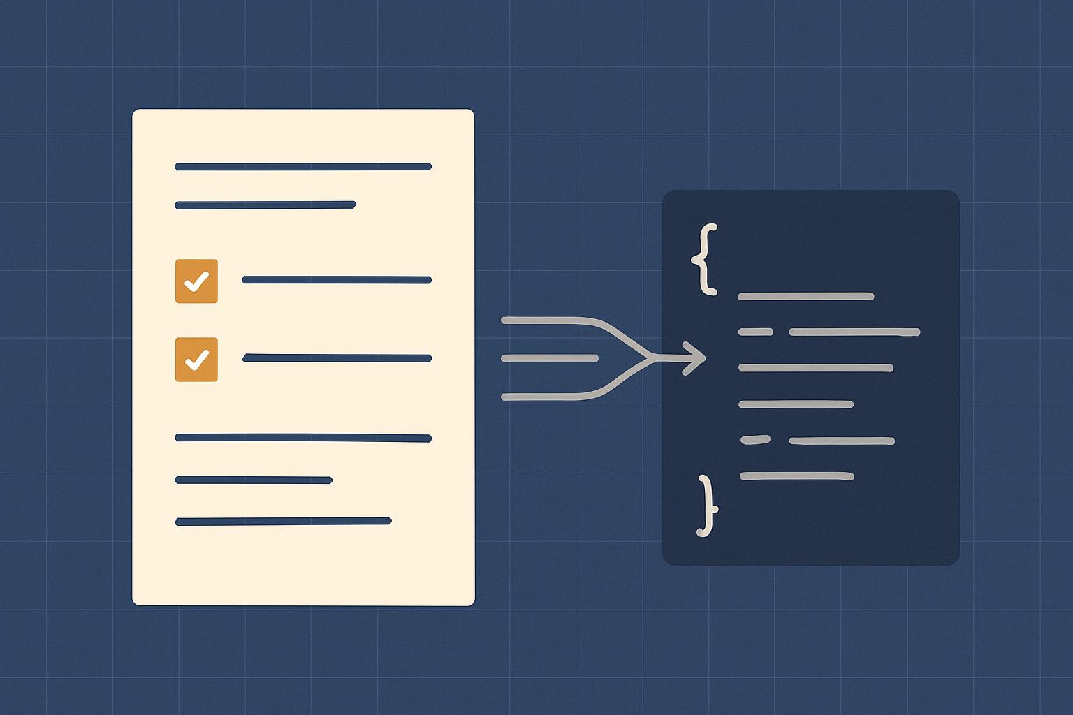 Minimalist blueprint illustration of a structured spec document transforming into a block of source code
