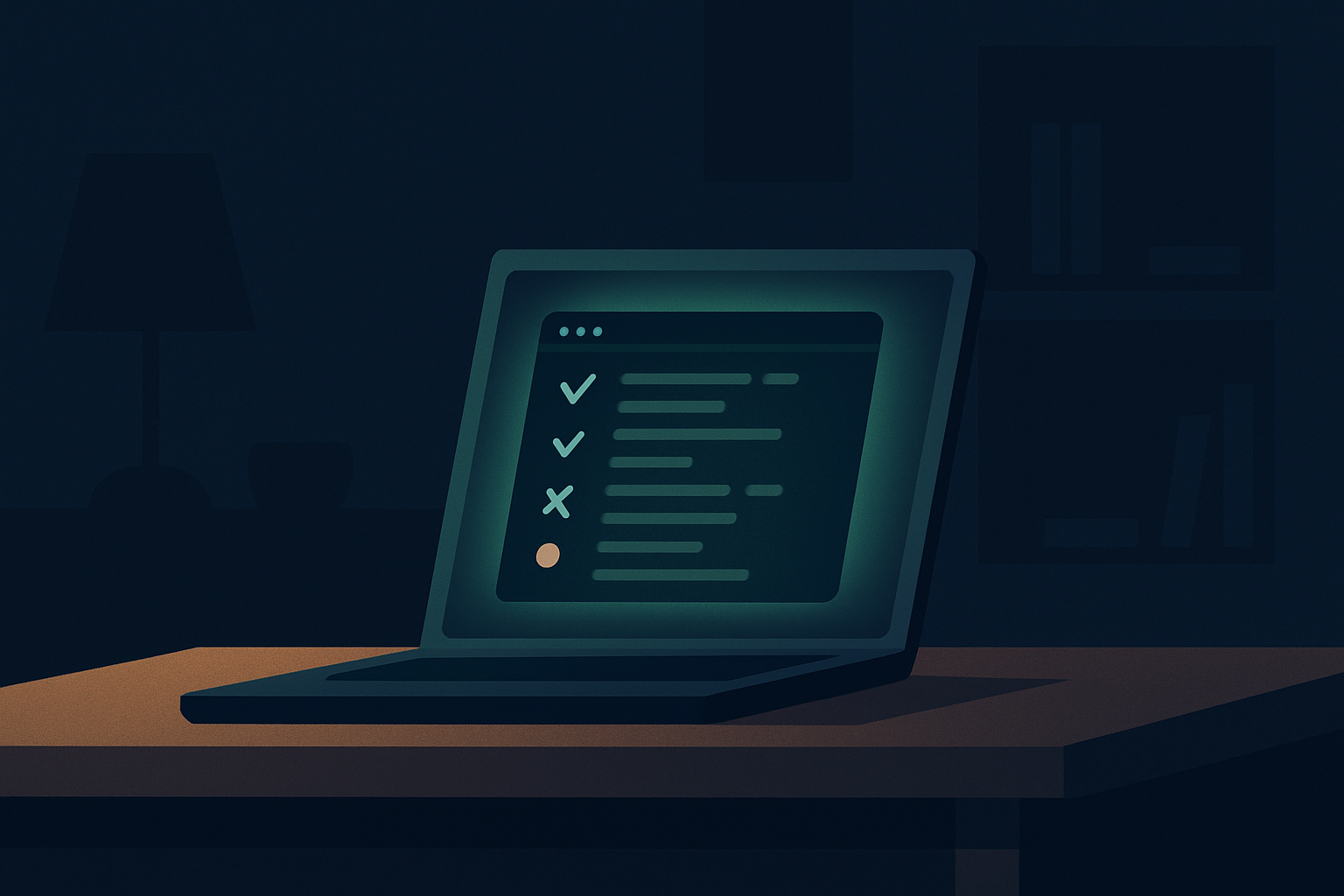 Dim home office at night with a laptop screen glowing lime green, showing an abstract allow, ask, and deny permission list on a deep navy background