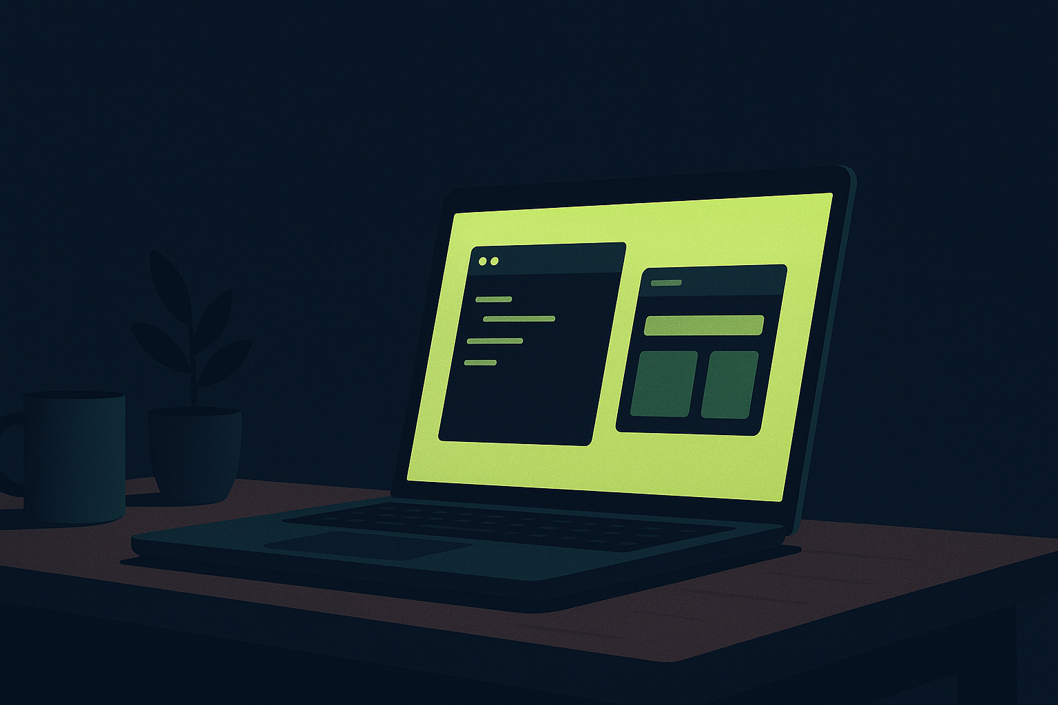 Flat illustration of a laptop glowing lime green in a dim room at night, screen showing a terminal and a generated web app preview, coffee mug and plant beside it