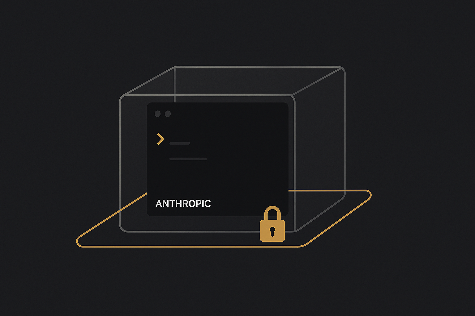 A Claude Code terminal inside a locked glass box with an amber isolation boundary and a padlock, representing the OS-level sandbox