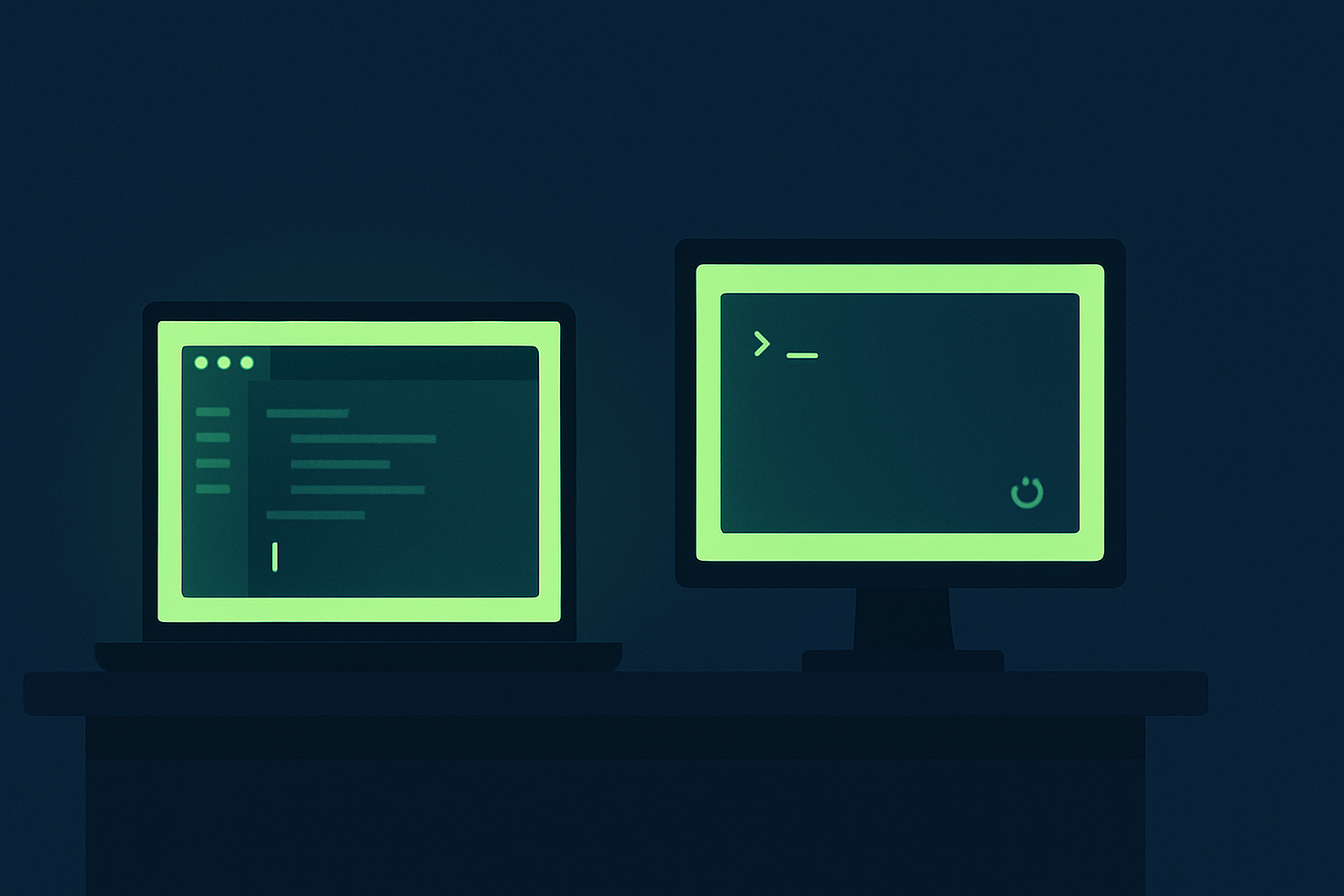 A code editor window and a terminal window glowing side by side on a dark desk, deep navy background with a lime green accent
