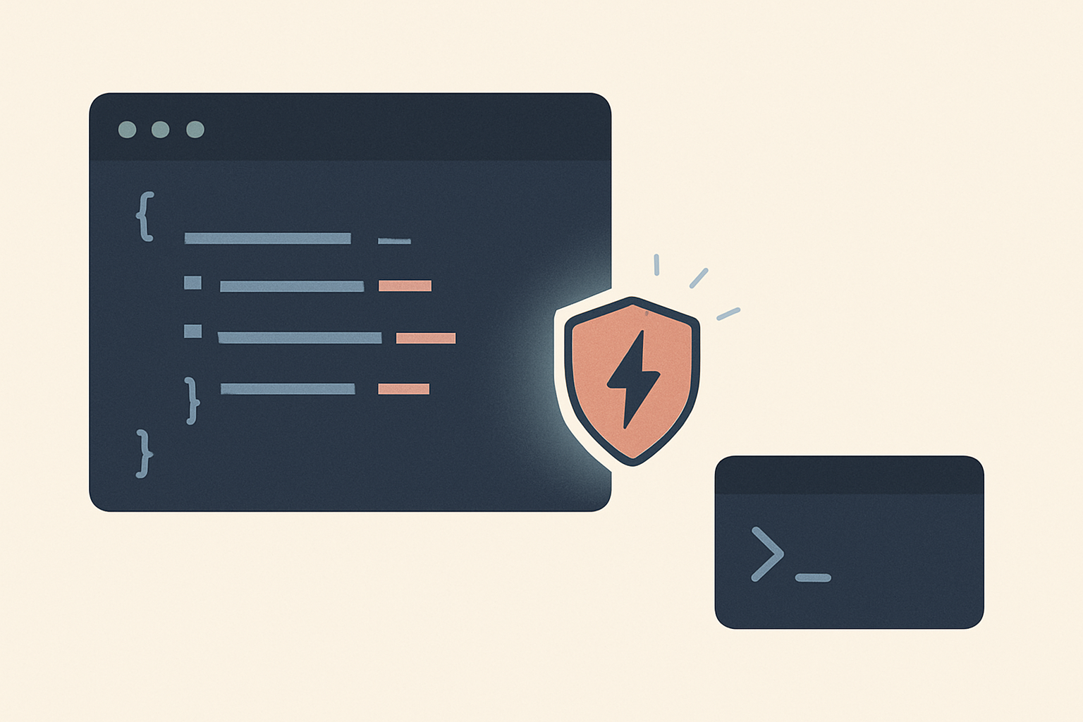 Minimalist illustration of a terminal command line intercepted by a guardrail before running, representing headless Claude Code in a CI pipeline