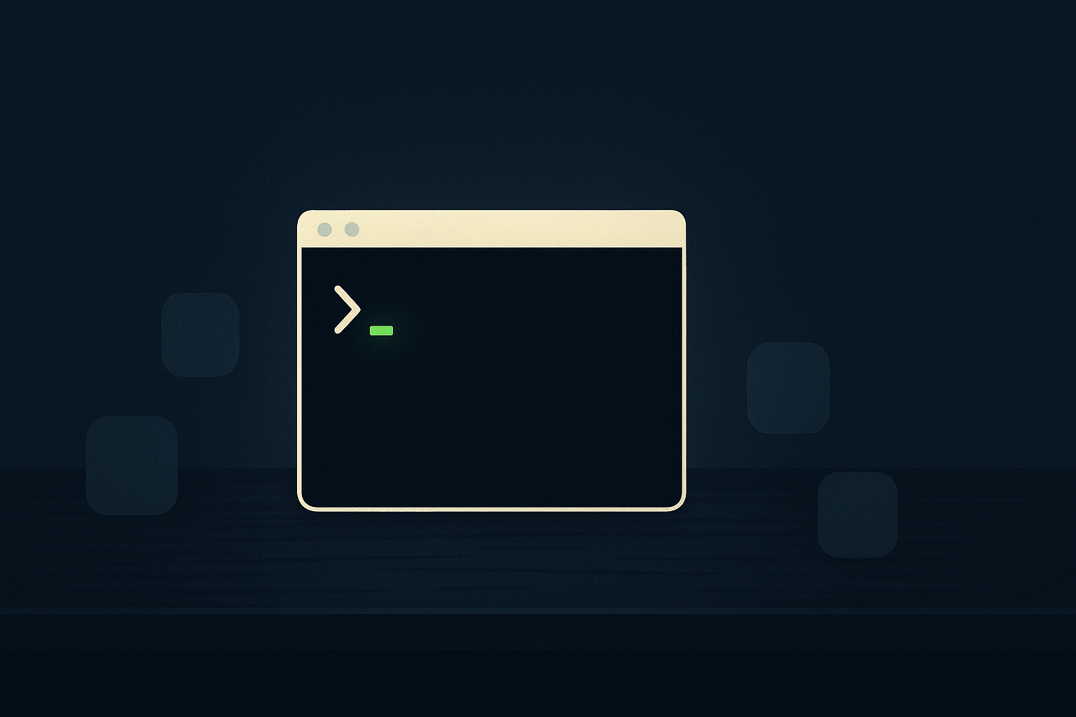 A single terminal window glowing on a dark desk, deep navy background with a lime green cursor accent, surrounded by muted app tiles representing coding tools