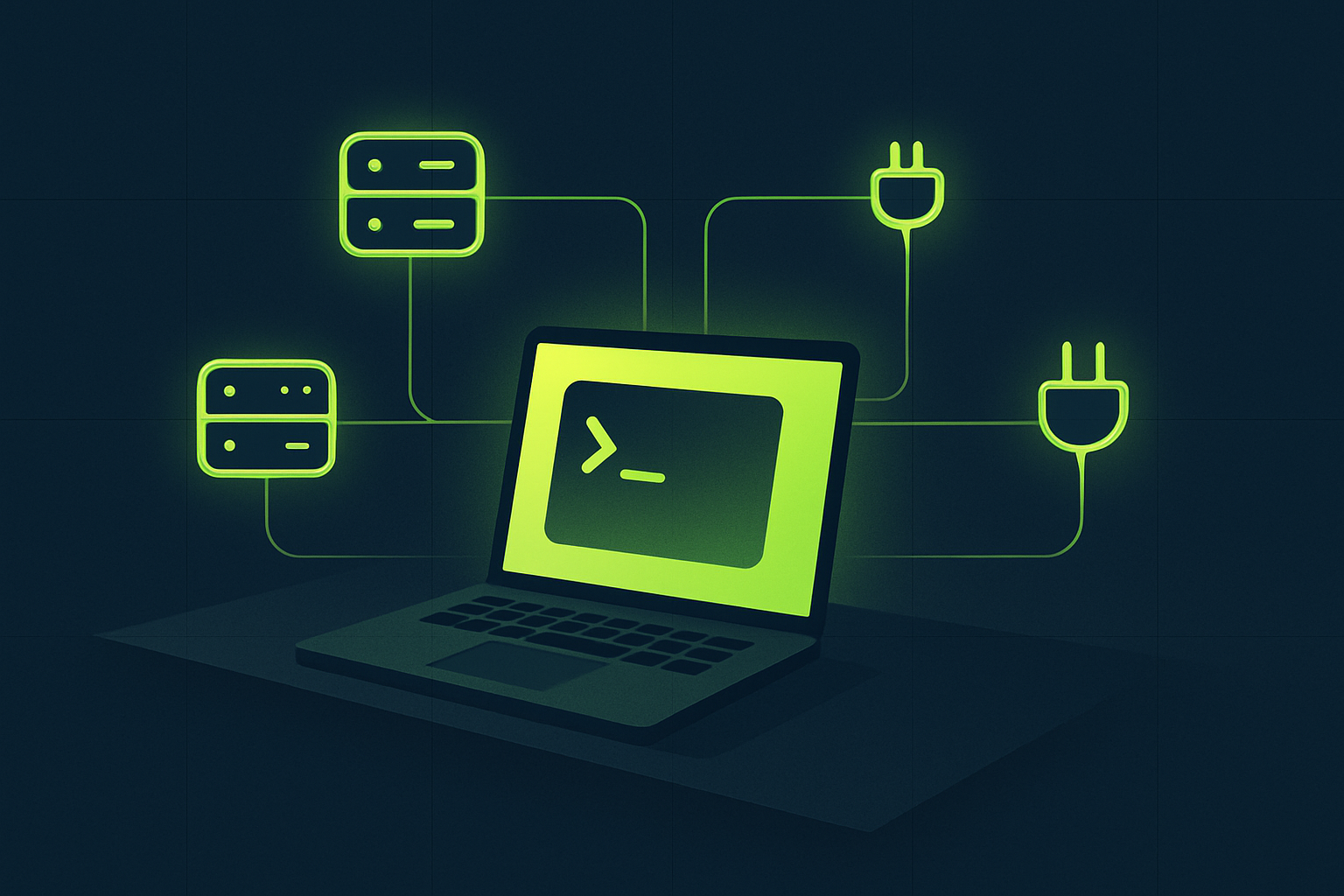 Minimalist dark-navy illustration of a laptop terminal linked by thin lime lines to four small server nodes, representing connected MCP servers