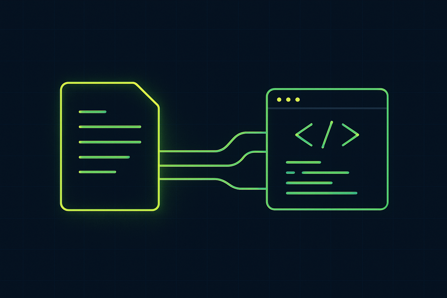 Minimalist illustration of a glowing spec document feeding lines into a code editor window on a dark navy background.