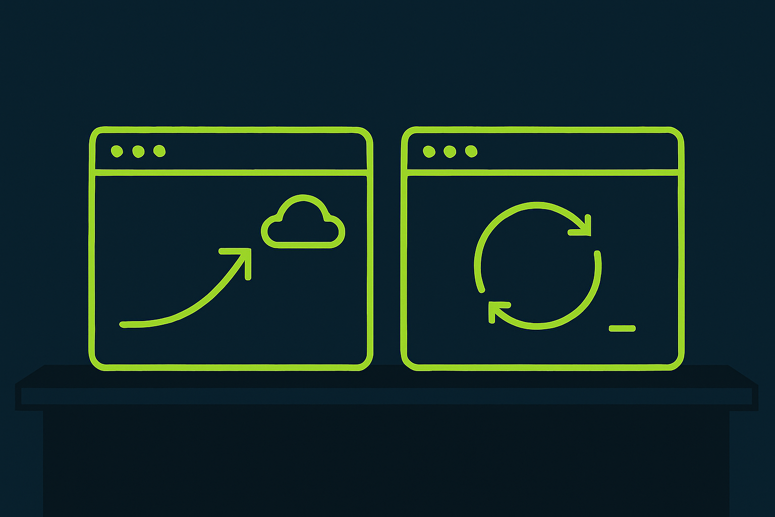 Two minimalist terminal windows on a dark navy desk, one delegating a task to a cloud, one showing an interactive loop, representing Codex versus Claude Code
