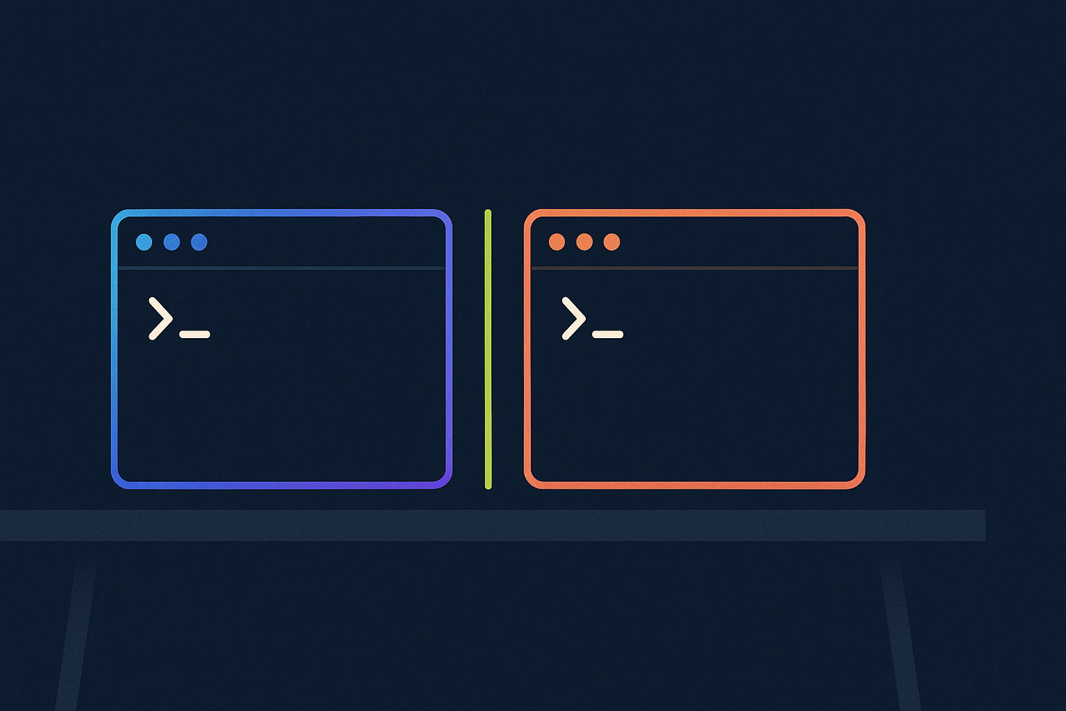 Two minimalist terminal windows on a dark navy desk, one glowing blue-violet for Gemini CLI and one glowing terracotta for Claude Code, separated by a lime-green line