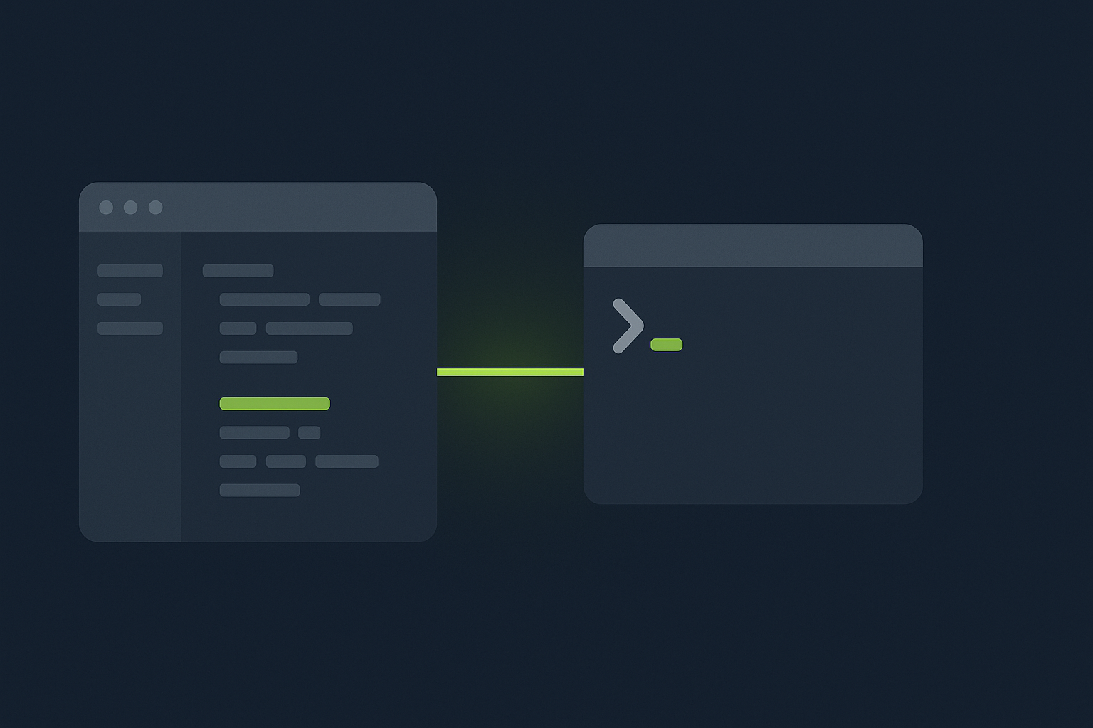 Minimalist illustration of a code editor window and a terminal window side by side on a deep navy background with a lime green accent line