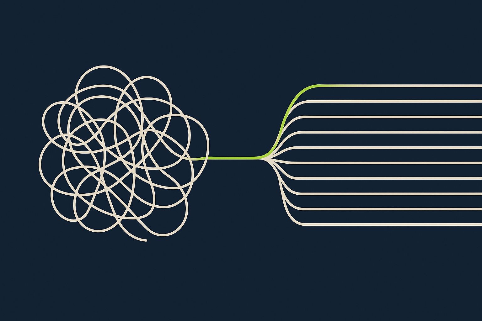 A tangle of lines resolving into a clean parallel grid, navy and lime, representing a code refactor
