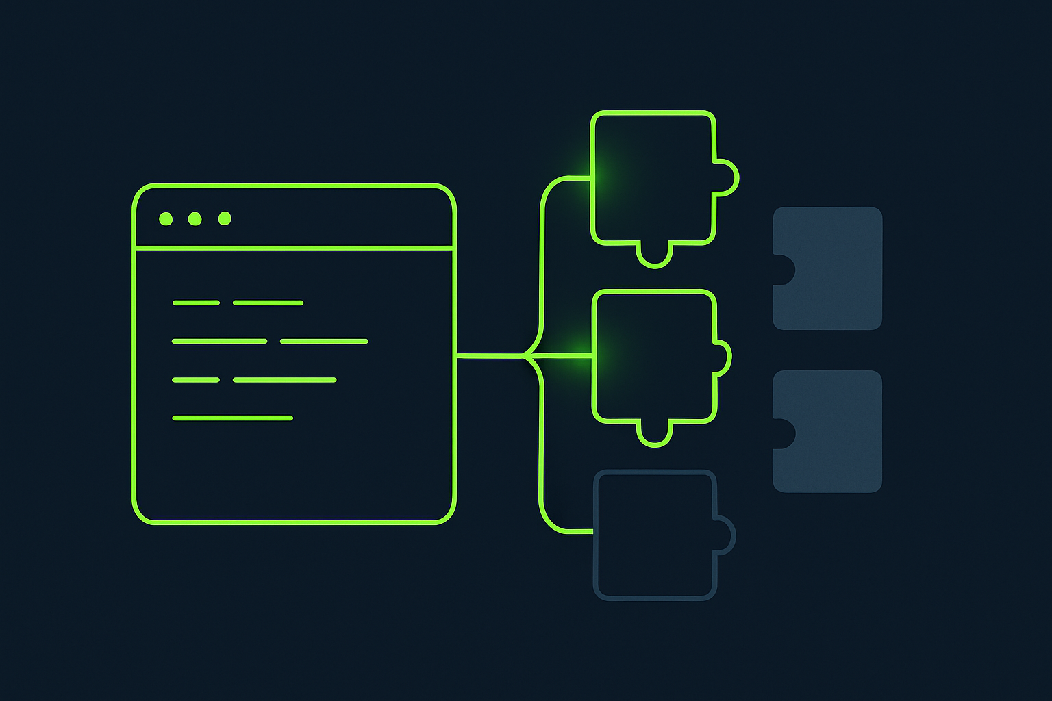 Minimalist navy illustration of a terminal window wired to two glowing lime plugin modules, with two dim grey plugin modules detached to the side