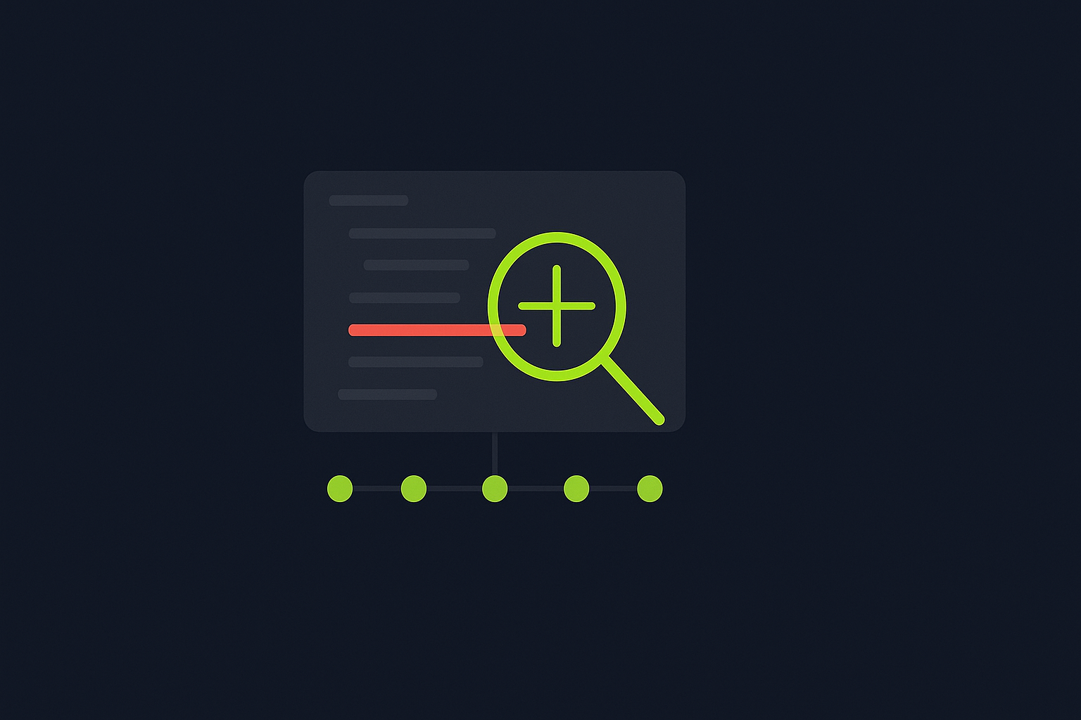 Minimalist navy and lime illustration of a magnifying glass inspecting a red failing test line in a code window, with five small tool nodes connected below.