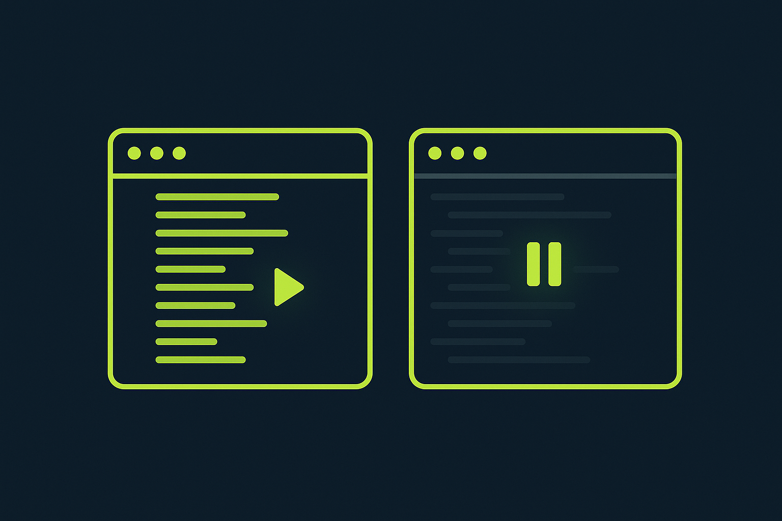 Minimalist navy and lime illustration of two terminal windows side by side, one running with a play arrow and bright code, the other paused with pause bars and dimmed code.