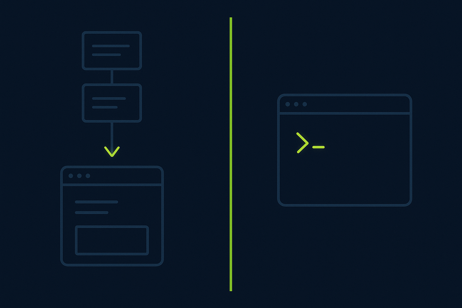 Minimalist navy and lime illustration contrasting two workflows: a stack of spec document cards flowing into an editor window on the left, and a bare terminal window with a command prompt on the right.