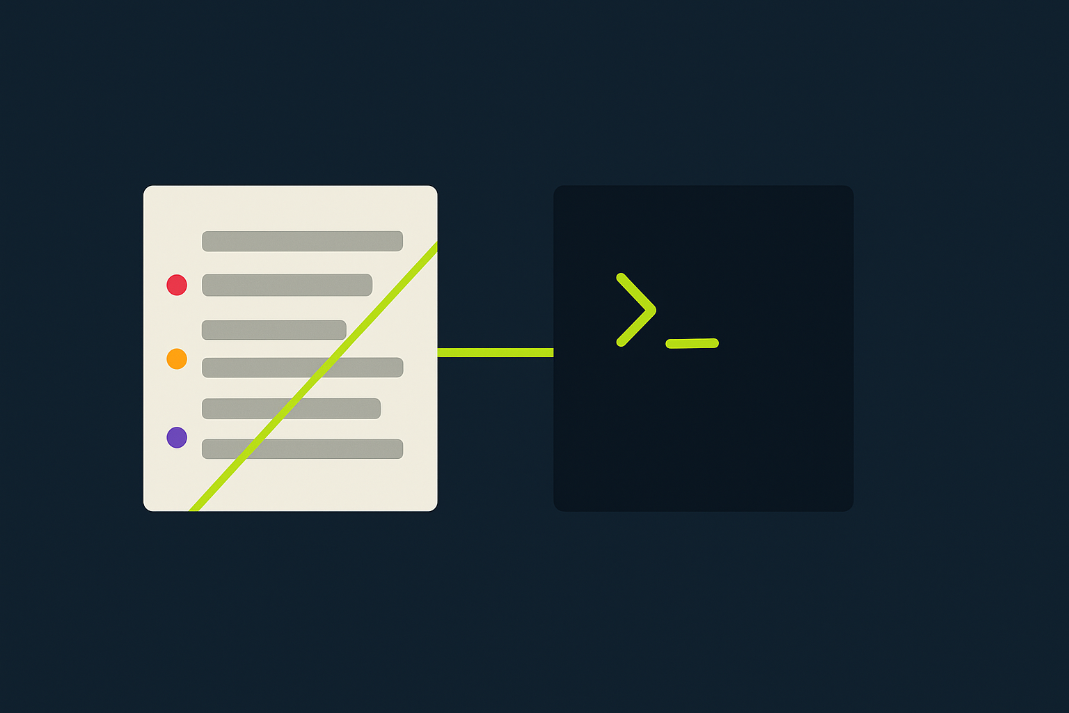 Minimalist navy and lime illustration: a pull-request diff card with three severity dots and a lime scan line on the left, linked to a terminal window with a command prompt on the right