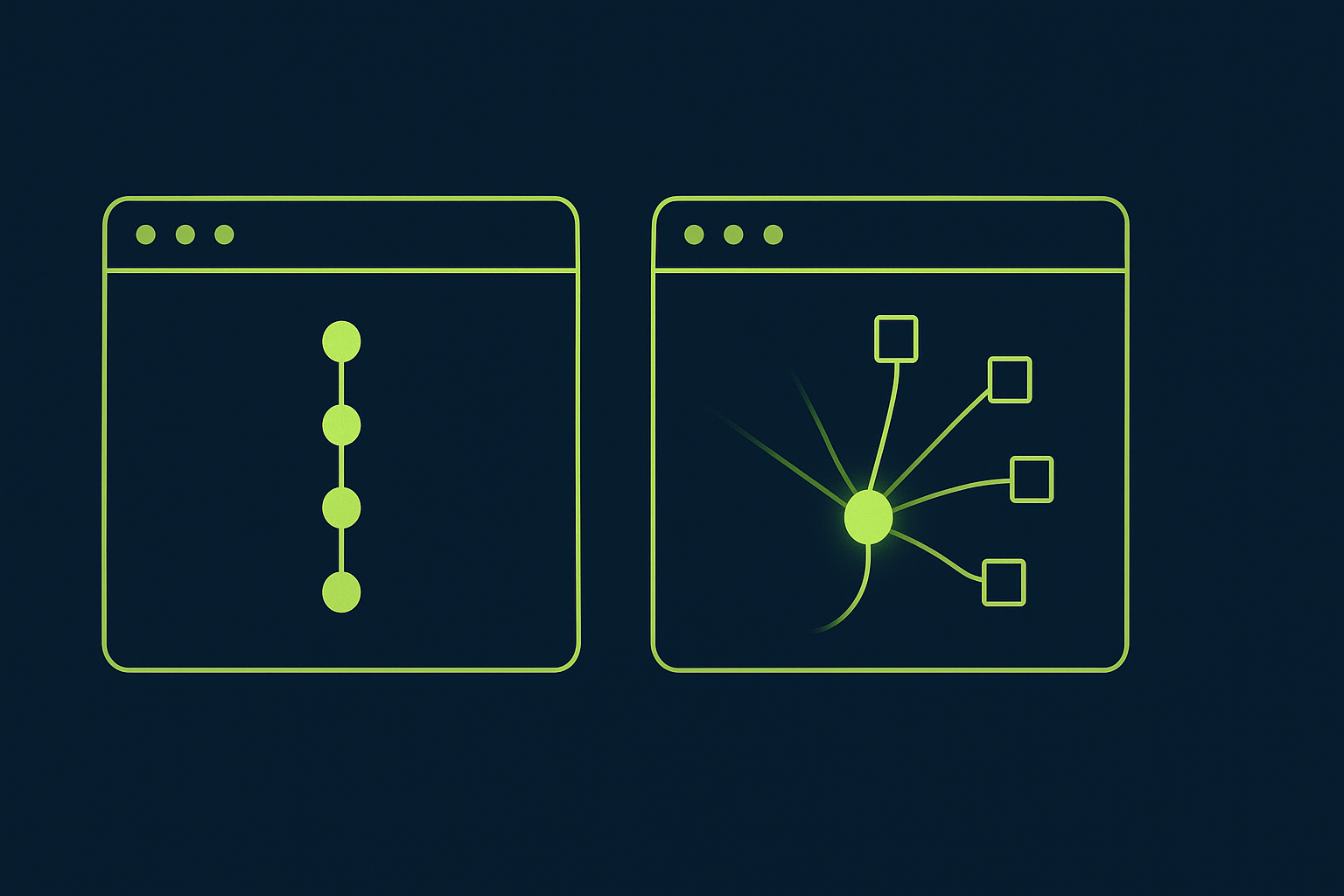 Minimalist navy and lime illustration: a terminal showing a vertical git commit graph on the left for Aider committing every edit, and a terminal showing an agent node fanning out to explore files on the right for Claude Code discovering the codebase on its own.