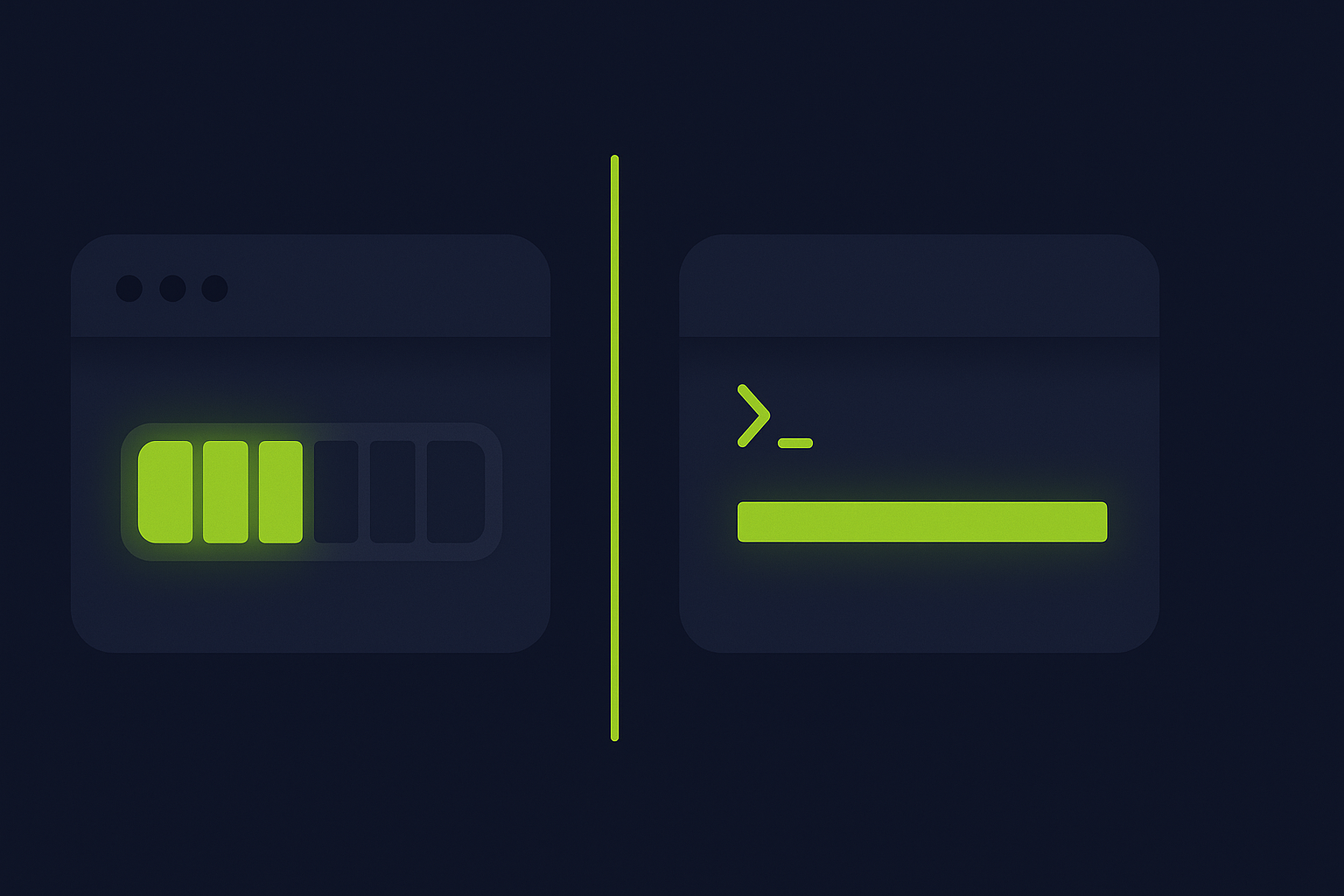 Split illustration: an editor window with a partly-drained credit meter next to a terminal window with a steady flat bar, on a dark navy background with lime accents