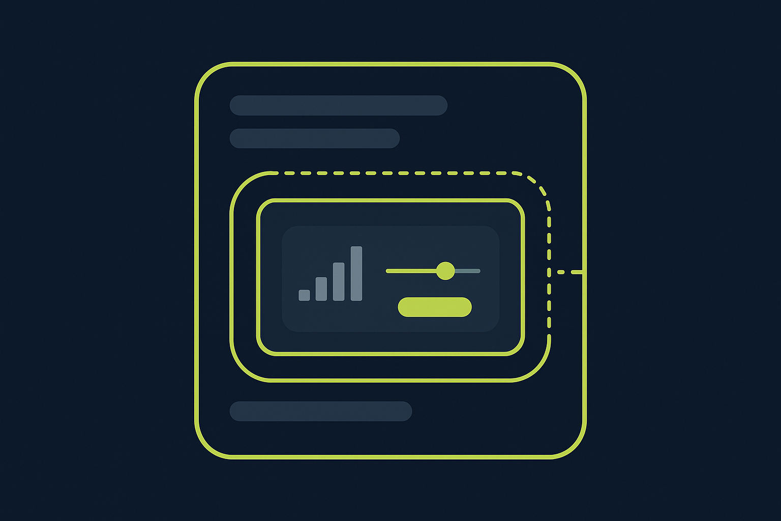 Flat vector illustration of a small interactive panel with a bar chart, a slider and a button, nested inside a larger conversation panel, drawn in lime on deep navy