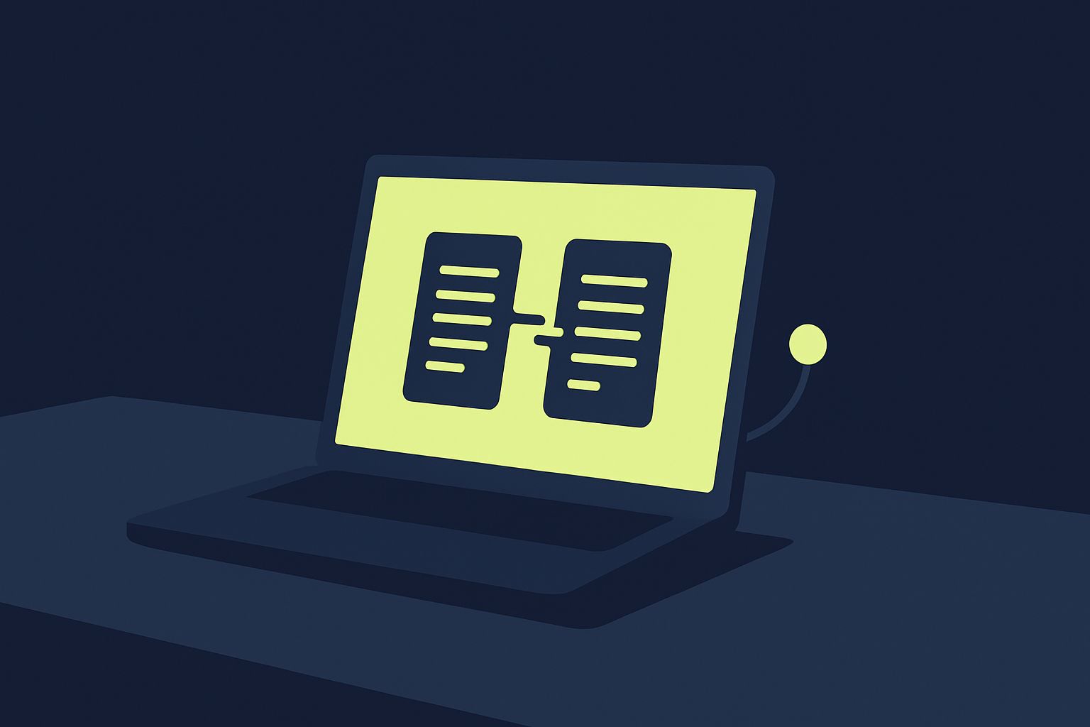 Flat illustration of a laptop in a dim navy room, lime green screen showing two document versions side by side with a connector between them