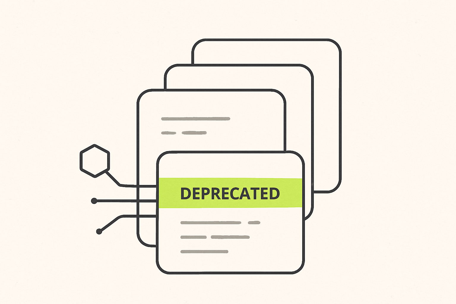 Flat editorial illustration of four stacked documentation version cards on off-white, the frontmost carrying a lime green DEPRECATED banner, with a hexagonal protocol node linked to them