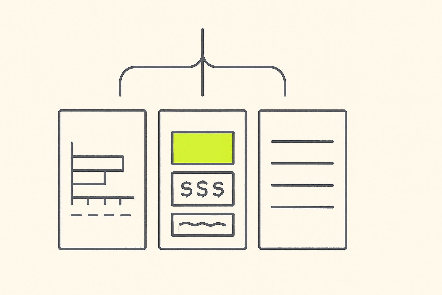 Flat editorial illustration of three document cards side by side, each measuring the same subject in a different unit, connected above by one line branching into three, with a single lime green accent tag