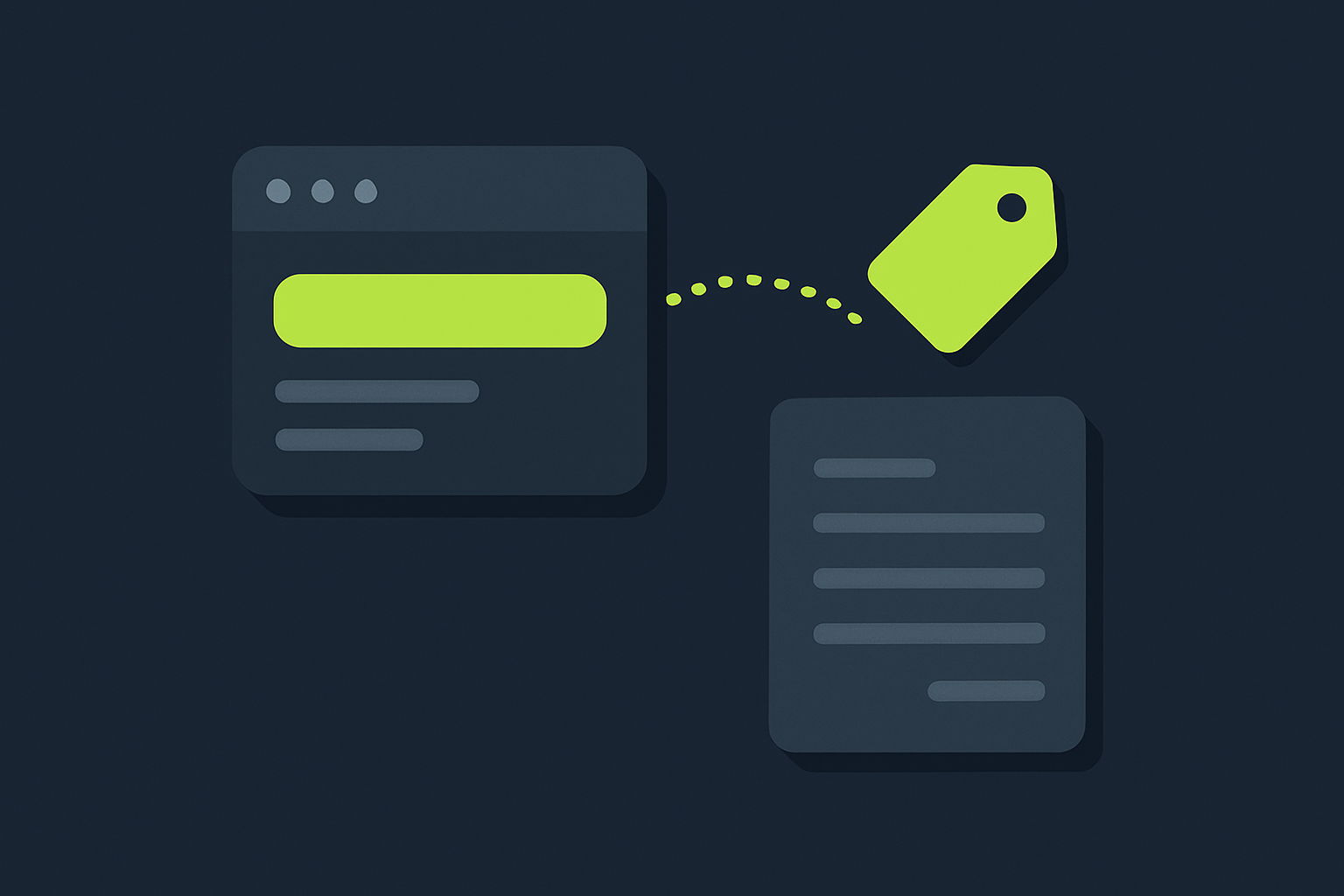 Flat editorial illustration on deep navy: a terminal window card with one lime green cost bar, a dotted line curving to a detached lime price tag, and a separate invoice card below it that the tag does not touch
