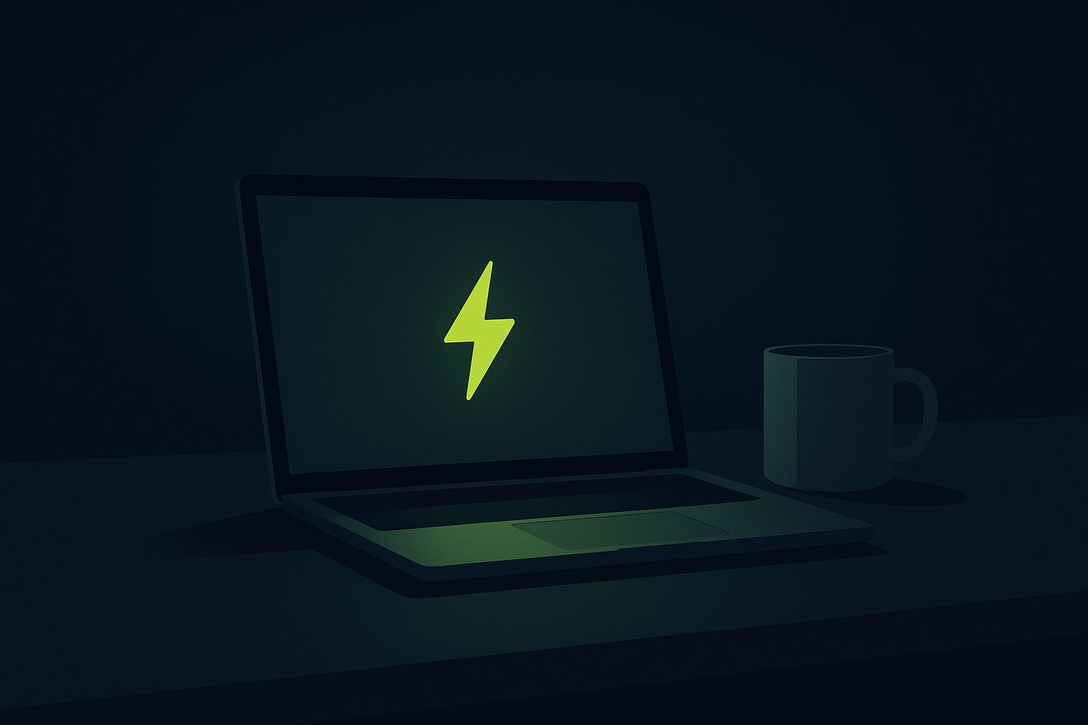 Flat illustration on a deep navy near-black background. A slim open laptop sits alone on a dim desk, its dark screen emitting a lime green glow that spills onto the desk. One small lime lightning-bolt shape is centred in the glow. A plain slate grey mug stands to the right. No text.