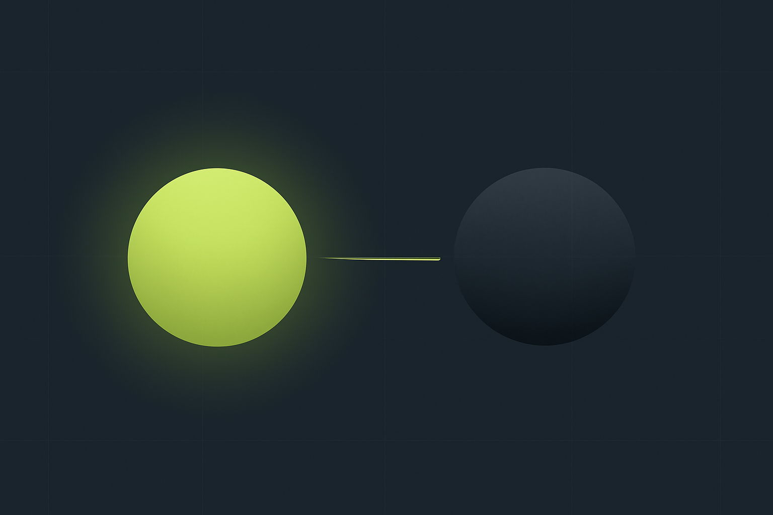 Flat minimalist illustration on a deep navy background. On the left a large circle glows warm lime green with a soft halo. On the right the same circle sits cold and dark slate grey with no glow. A thin lime line runs between them across faint background grid lines. No text.